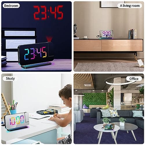 ThreeH Réveil Arc-en-Ciel Numérique Réveil à Projection Grand écran LED Miroir Veilleuse Colorée Double Ports Charge USB Fonction Snooze Dimming Volume Ajustable Noir