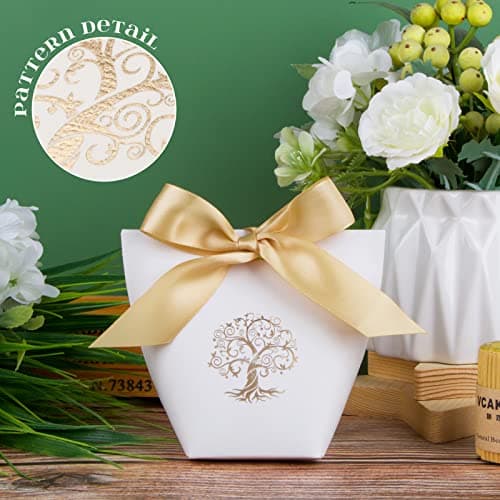 25Pcs Boîtes Cadeaux Baptême Communion Anniversaire Sachet Bonbons Mariage Bonbonnière Faveur avec 25Pcs Rubans Ballotin Chocolat Dragées Confirmation Design Arbre de Vie