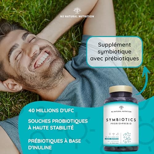 Probiotique Flore Intestinale avec inuline pour une efficacité maximale. Ferments Lactiques. Lactobacillus rhamnosus. 40 Milliards de Bactéries UFC/jour. 6 souches. 60 Capsules. N2 Natural Nutrition