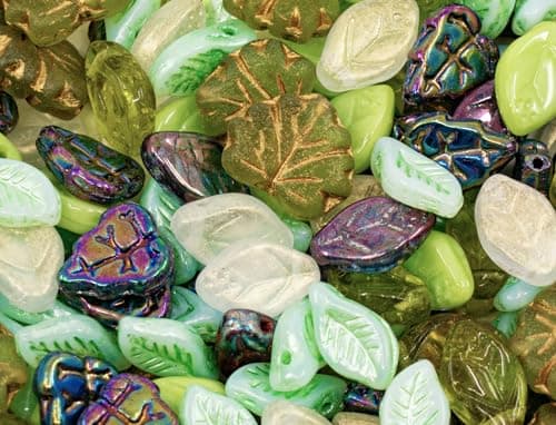 40 g Summer Mix of Small Czech Glass Leaf Beads, Hand Made Set Kit, Leaves 01