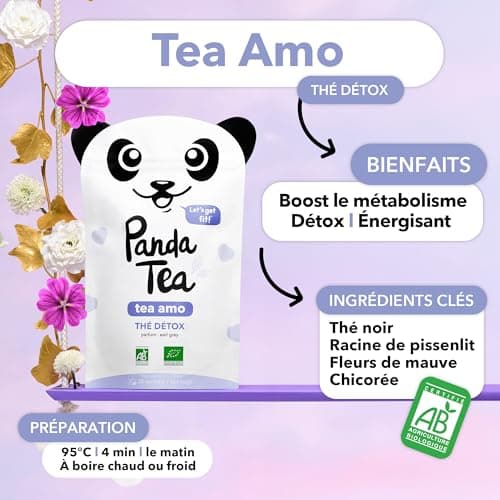 Panda Tea - Thé Earl Grey Tea Amo Detox Bio - Brule Graisse, Coupe Faim, Draineur, Slim Fit, Tisane à Froid ou Chaud ou Glacée - Certifié Biologique - Cure 28 Sachets Coton