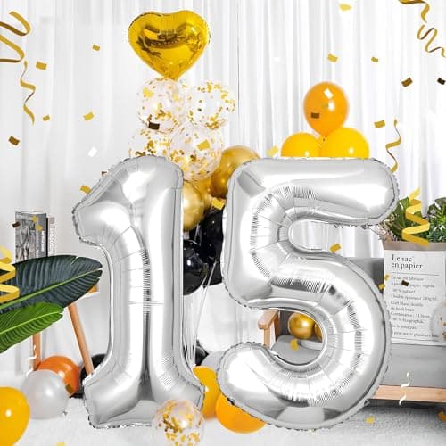 Ballons Anniversaire 15 Argent - 100cm - Ballon Chiffre 15 Numéro 15 - Happy Birthday Decoration Ballons Fête d'anniversaire Ans Vole Grâce à l'Hèlium 15