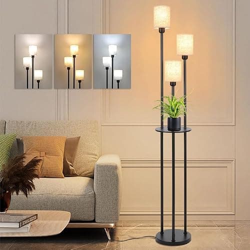 Winverty Lampadaire sur Pied Salon avec Etagere et 3 Lumières, Lampadaire Industriel Vintage avec Interrupteur à Pied et Abat-jour en Lin, Lampadaire Noir pour Salon Chambre Bureau E27