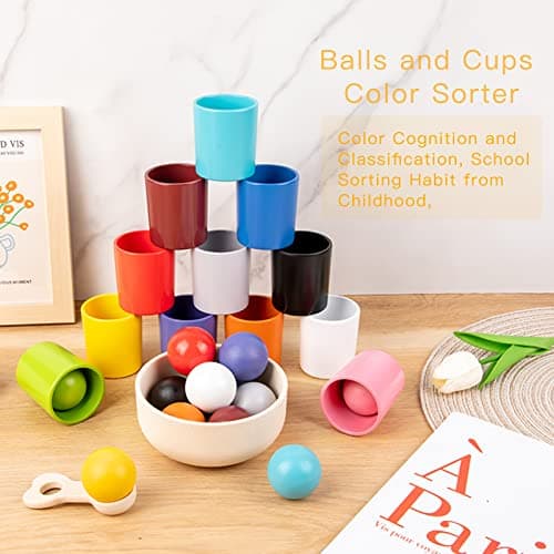 Auvewilo Jouet de Tri de Couleurs avec Boules et Gobelets en Bois, Ensemble de Jeu d'Association Montessori pour Enfants