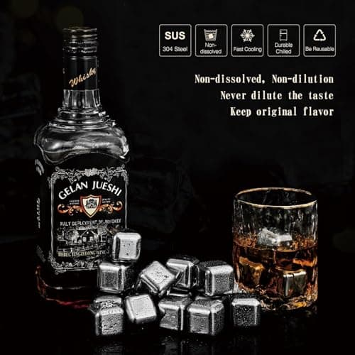 Lot de 16 Glacon Reutilisable - Glacons Pierre a Whisky - Glaçons Réutilisables en Acier Inoxydable, Metal Whiskey Stones pour Cadeaux de La Fête des Pères pour Les Hommes Mari et Papa