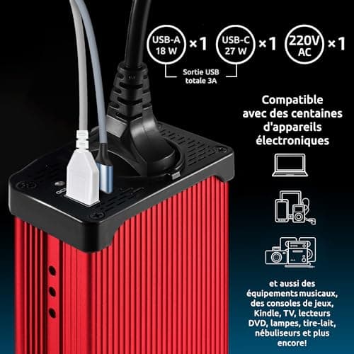 Odoga Convertisseur 12V 220V Voiture – Transformateur 300 W, Onduleur, 3A Port USB-C et USB-A, Convertisseur de Tension, Recharger Votre Ordinateur Portable, Ipad, Iphone et Plus