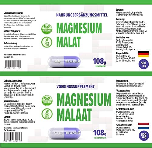 Malate de magnésium 2000mg par portion 180 Gélules Végétales, Testé par un Laboratoire tiers, sans gluten ni OGM