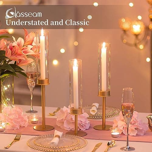 Glasseam Bougeoir en Verre Transparent, Bougeoirs en Or Mat pour Bougies, Lot De 6 Grands Bougeoirs, Support De Bougie Bougeoirs De NoëL DéCoration pour Tables De Salle à Manger