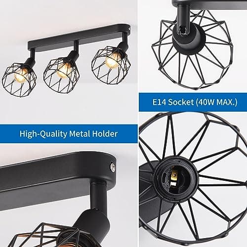 ANWIO Plafonnier Spots, 3 Spots de Plafond Led Intérieurs Base E14, Spots de Plafond Noirs avec Base Rectangulaire, Spots de Plafond LED Rotatifs (Sans Ampoules).
