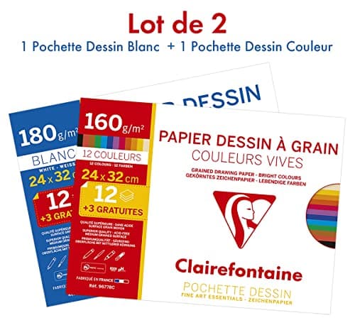 Clairefontaine 196778AMZC - Lot de 2 - Pochette Dessin Scolaire - 15 Feuilles (12+3 gratuites) - Papier Dessin à Grain Couleurs Vives 160g et Papier dessin blanc 180g- 24x32 cm