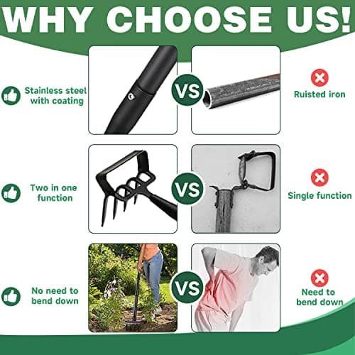 Houe de jardin 170cm Houe à étrier et râteau à pointes 4 dents 2 en 1 en acier inoxydable Houe à main Outil de jardin Houe à étrier avec action réglable pour désherber/meubler le sol