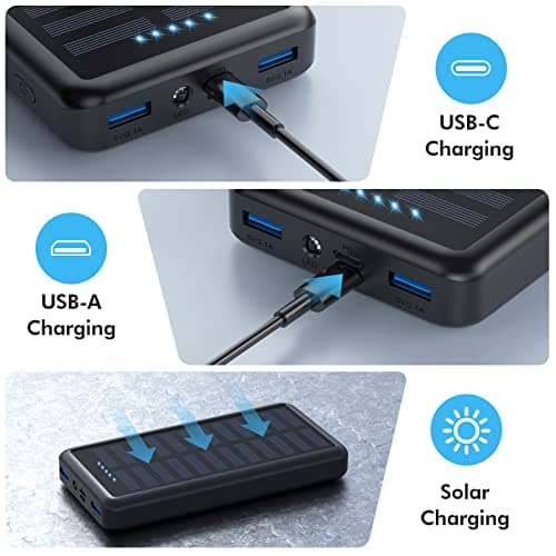 Batterie Externe 26800mAh, Solaire Power Bank USB C 15W PD 3.0A Charge Rapide, 3 Sorties 3 Entrées Chargeur Solaire avec LED Lampe de Poche Batterie Portable Compatible avec iPhone/Samsung etc