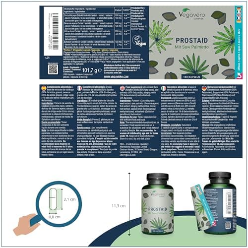 Complexe Prostate & Confort Urinaire Homme | 180 Gelules | 100% Naturel | Saw Palmetto + Ortie + Epilobe + Citrouille | Avec 45% Acides Gras | VEGAN | 3 Mois