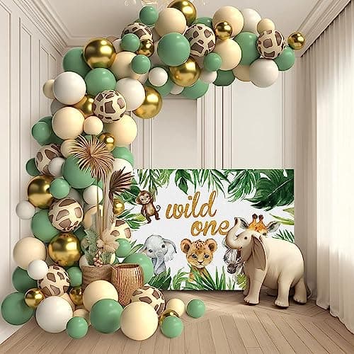 Kit Arche Ballon avec toile de fond, Decoration Anniversaire 1 an, Jungle Decoration Anniversaire Fille Garcon, kit anniversaire Garcon pour Jungle Safari Anniversaire jungle