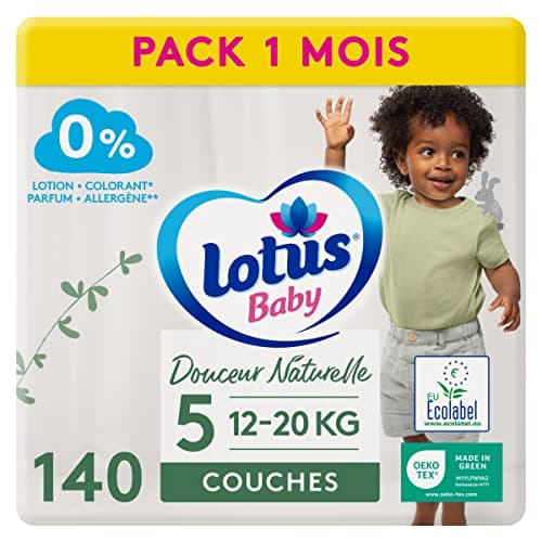 Lotus Baby Douceur Naturelle - Couches Bébé Taille 5 (12-20 kg) Pack 1 Mois - 140 Couches