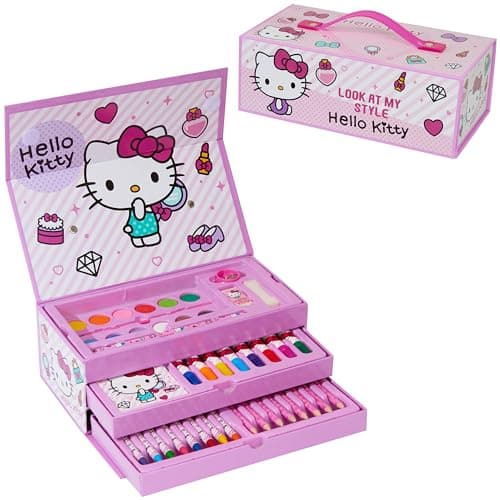 Hello Kitty Sanrio Coffret de Dessin Enfant, Kit Coloriage et Peinture, Crayons Feutres et Accessoires, Fournitures Kawaii en Mallette, Idée Cadeau Fille (Rose Hello Kitty à 3 Niveaux)