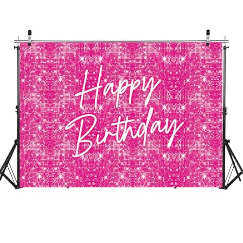 Toile de fond rose vif « Happy Birthday » à paillettes brillantes de 2,1 x 1,5 m pour photographie de filles et femmes, décoration de fête d'anniversaire pour filles et femmes, accessoires photo