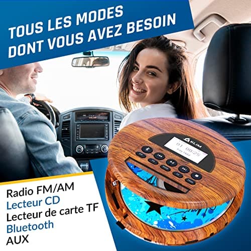 KLIM Nomad Wood - Nouveauté 2024 - Lecteur CD Portable - Batterie Intégrée Longue Durée - Écouteurs KLIM Fusion - CD-R, CD-RW, MP3 - Lecteur TF, Mini Radio Portable, Bluetooth - pour la Voiture