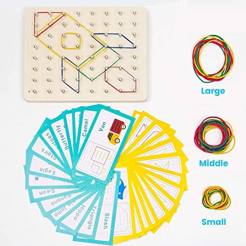 VingaHouse Géoboard en Bois avec Cartes, Jouet Montessori Géoboard en Bois Puzzle Montessori Toys 4 5 6 Jouet éducatif Cadeau pour Enfants de 3, 4, 5, 6 Ans
