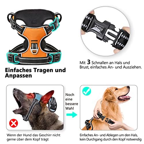 HEELE Harnais Chien, Harnais Anti Traction Réfléchissant Harnais pour Moyen Grand Chien avec Poignée Rembourrée, 1 Boucle sur la Sangle Droite de Cou Rendent Facile à Mettre et à Enlever, Orange, L