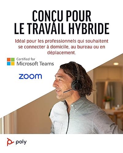 Micro-casque sans fil Poly Voyager Focus 2 UC avec microphone et socle de chargement - Annulation active du bruit (ANC), Connexion à un PC/Téléphone portable via Bluetooth, avec Teams (certifié), Zoom