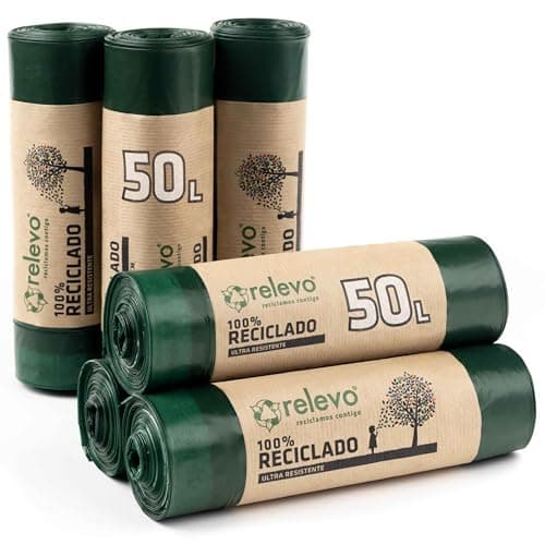 Relevo Sacs Poubelle Verts avec Liens Coulissants – 50L (Largeur 70 cm x Hauteur 75 cm), 60 Sacs (6 Rouleaux × 10 Sacs) | Sacs Poubelle Extra Résistants | 100% PEBD Recyclé | Certifié Blue Angel