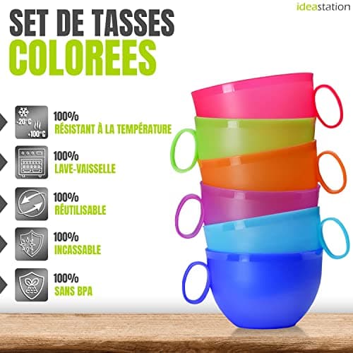 idea-station Neo grande tasse plastique 6 x 500 ml - couleur - tasse a cafe - camping mug xxl en plastique