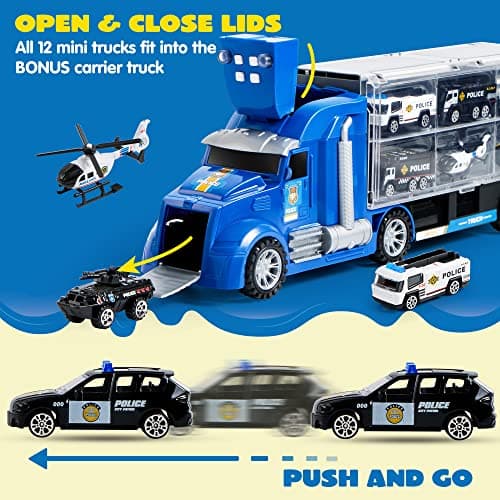 JOYIN Ensemble de Jouets de Camion de moulé sous Pression 25 en 1, Ensemble de véhicules de Jeu dans Un Camion Porteur, Cadeaux d'anniversaire pour Enfants (Voitures de Police)