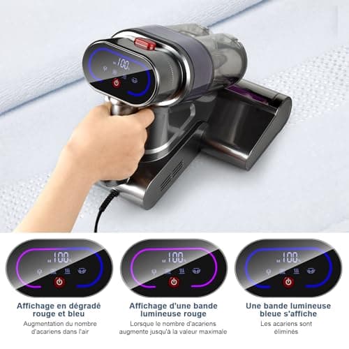 Nailaby Aspirateur Anti-acariens avec capteur d'acariens et Affichage LED, 500 W 15 KPa Aspirateur Anti-acariens pour Matelas avec lumière UV-C, ultrasons, 65 °C 5 s, Chauffage Rapide,élimine 99,99%