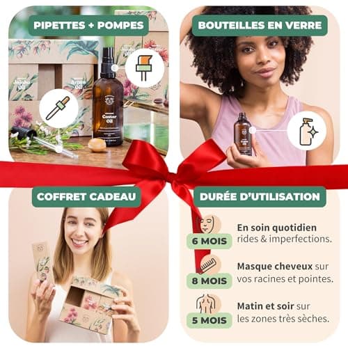 Bionoble Coffret Cadeau Femme Naturel et Bio 3x100ml - Huile de Ricin, Huile d'Argan et Huile de Jojoba Bio - Soins pour le visage, le corps et les cheveux - Idée cadeau anniversaire pour femme