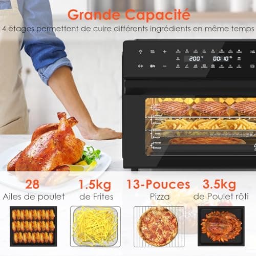 LLIVEKIT 30L Friteuse sans Huile XXL avec Tournante Rôtissoire, Air Fryer 20 Programmes et 9 Accessoires, Friteuse sans Huile avec Écran Tactile LED, Mini Four avce Livre de Recettes, 80°C-230°C