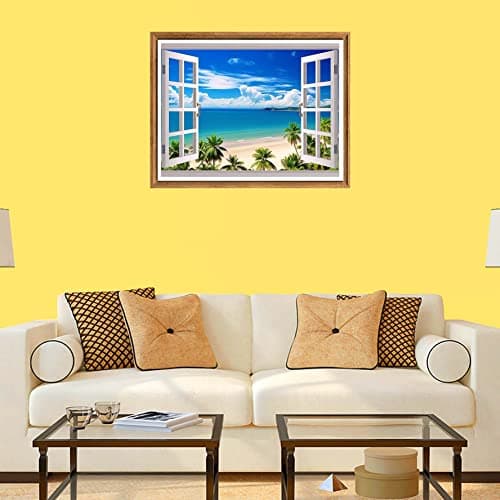 Bimkole 5D Diamond Painting DIY Kits Plage, Fenêtre Mer Arbre Bleu Ciel Broderie Diamant Kits De Broderie Au Point De Croix Strass Rond Résine Peinture Décor à La Maison, (30x40 cm)