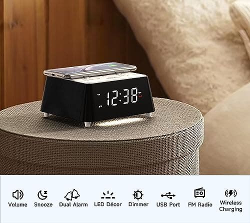 iTOMA Radio réveil Rechargeable sans Fil avec Haut - Parleur Bluetooth, Radio FM de Chevet, Double Alarme avec Snooze, Recharge USB, veilleuse et écran dimmable 205