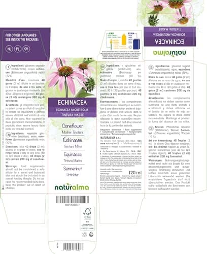 Échinacée (Echinacea angustifolia) racines Teinture Mère sans alcool Naturalma - Extrait liquide gouttes 120 ml - Complément alimentaire - Végétalien ou végan