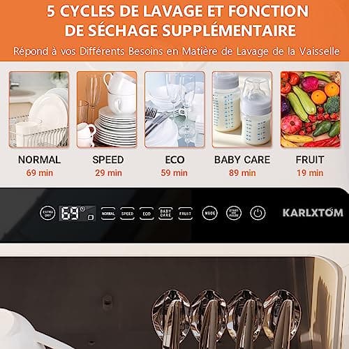 Karlxtom Lave-vaisselle de table, Mini Lave-vaisselle avec Comman destactiles à LED, 45CM, 6 Programmes, Lavage des fruits, Soins Pour Bébés
