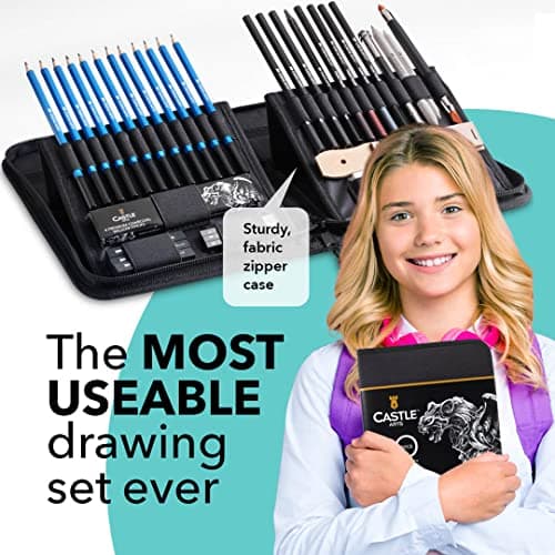 Castle Art Supplies Set de 40 Pièces pour Dessin et Croquis avec Tutoriel | Pour Artistes, Professionnels ou Débutants | Crayons, Fusains, Graphites et Plus | Étui de Transport Zippé Soigné