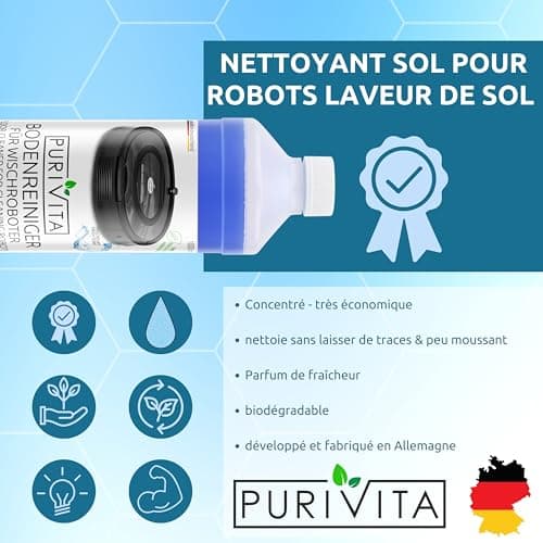 PURIVITA - Produit Nettoyant Sol pour robots laveur de sol - Concentré de détergent pour tous les robots lavants, y compris le Produit Aspirateur Laveur - Floor Cleaner d’1000 ml