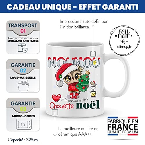 ÉNJA Création Cadeau NOËL - Mug NOUNOU. Nounou/Tasse – Joyeux Noël - Cadeau fêtes de fin d'année personnalisé. Cadeau original. Céramique haute qualité 11oz - 320 ML (NOUNOU)