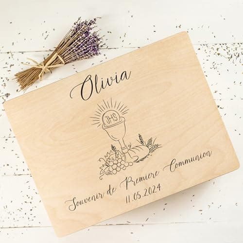 Creative Deco Personnalisé Première Communion Confirmation Cadeau Boite | Boîte à Souvenirs en Bois pour Garçon et Fille | Personnalisés - Calice et Prière du Chapelet | Personnalisable Idée Coffret