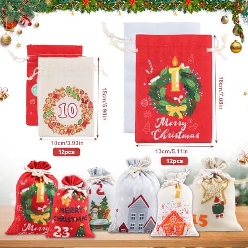 Calendrier de L'Avent a Remplir Soit Même 2024 Calendrier de L'avent a Faire Soi Meme Tissu 24 Sachets en Tissu Pochette Calendrier de L'avent à Remplir DIY Cadeau Decoration Noel (10x15cm/13x18cm)