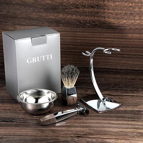 GRUTTI Ensemble de rasage, rasoir de luxe chromé et support de brosse avec bol de savon et brosse de rasage pour cheveux de blaireau et lame double tranchant compatible avec rasoir de sûreté