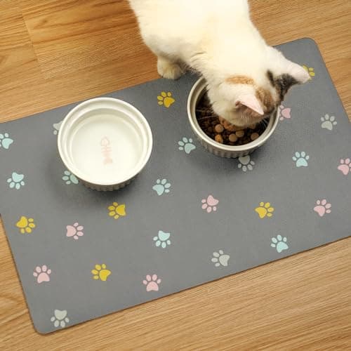 Solday Tapis de Nourriture pour Animaux de Compagnie pour Chiens et Chats - 50 x 30 cm - Tapis de gamelle en Silicone imperméable et antidérapant (Gris Clair)
