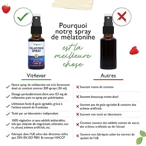 Spray mélatonine - Spray instantané extra fortement dosé avec 0,5 mg de mélatonine par pulvérisation - Spray pour l'endormissement - Sans alcool - Testé en laboratoire - Vegan - Goût framboise - 30 ml