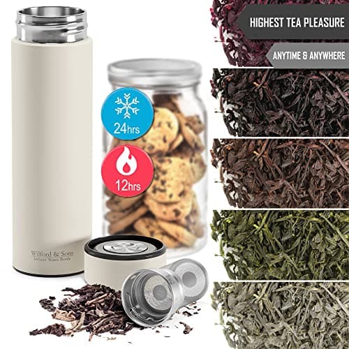 Bouteille d’eau isotherme à infusion thé & fruits + infuseur à fruit + passoire thé sans BPA | Thermos 450ml en acier inoxydable isolé sous vide | Gourde bureau extérieur école voyage sport
