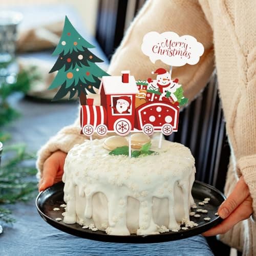 3Pcs Cake Topper Noël Garniture Gâteau Merry Christmas Motif Train Sapin Décoration Joyeux Noël avec Colle