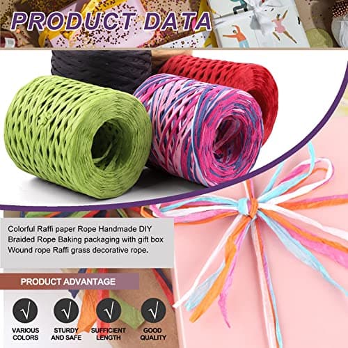 Swpeet 1 rouleau de ruban en raphia rouge rose de 200 m avec kit d'assortiment de ciseaux, ficelle de raphia naturelle pour cadeaux, fournitures de bricolage, bouquets de fleurs