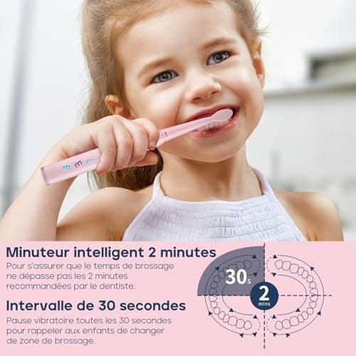 Seago brosse à dents électrique rechargeable pour enfants, brosse à dents électrique enfant avec autocollants DIY drôles, minuterie de 2 minutes, 4 têtes de brosse SG2303(rosa)