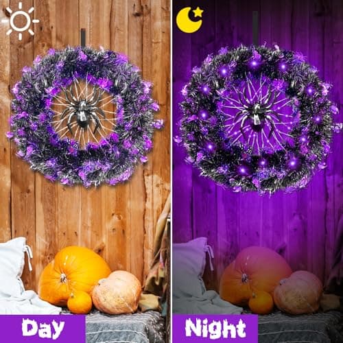HYOJCWU 35cm Couronne Halloween, Guirlande de Décoration D'araignée d'halloween avec Lumières, Couronne Halloween Porte, Decoration Halloween pour Extérieur, Intérieur, Mur de Porte d'entrée