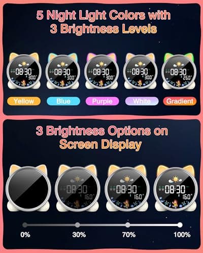 LEMNOI Réveil Educatif Jour Nuit Reveil Enfant Chatte 5 Couleurs Lumineux LED Lampe de Chevet avec Musique,Double Alarme,Température,Fonction Snooze