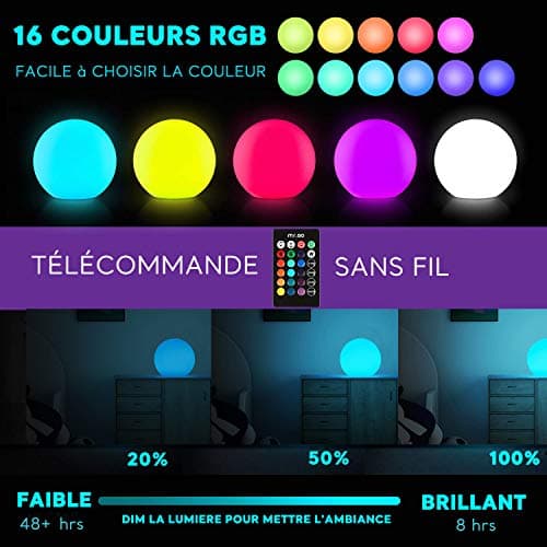 Mr.Go 6" LED Boule Lumière Sphère Lampe, RGB Orbe Lampe Couleur Changeante Lumière D'ambiance avec Télécommande, 16 Couleurs, Luminosité Variable & Batterie Rechargeable